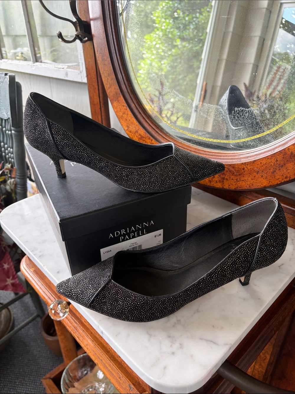 Adrianna Papell Black Sparkle Pointed-Toe Kitten Heels